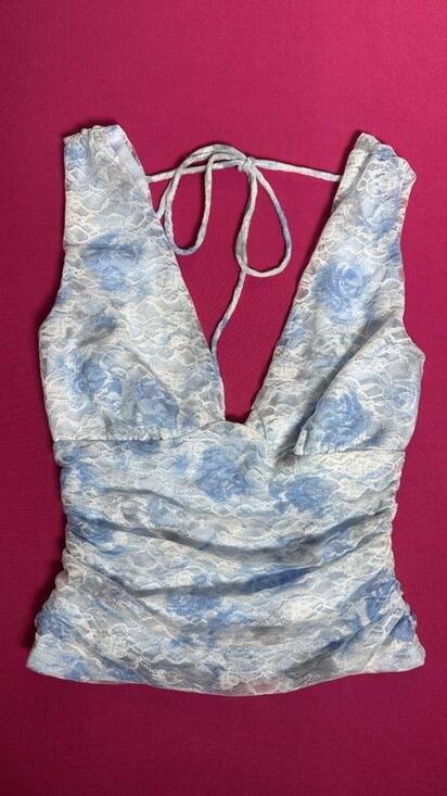wild fable Tops - Wild Fable Lace Floral Tank Top – Blue White Tie‑Back Satin Ruched Size S